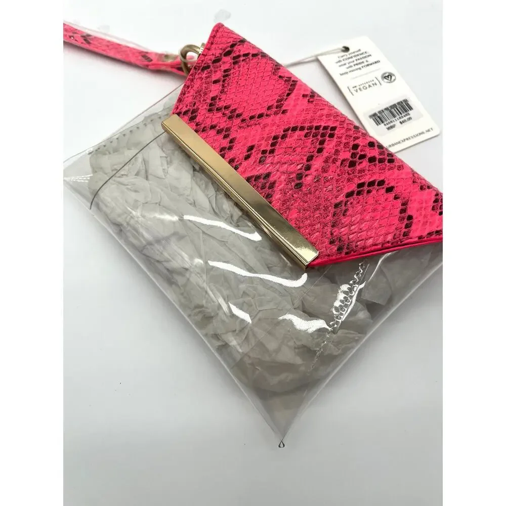 Urban Expressions NWT Snakeskin Clutch, Hot Pink & Clear